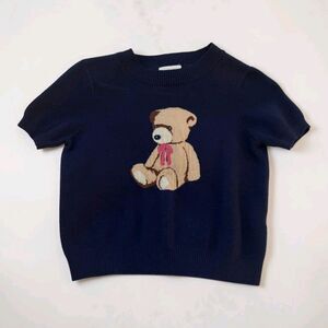 Willow & Wind Teddy Bear Graphic Knit Pullover Sweater Blue Short Sleeve S